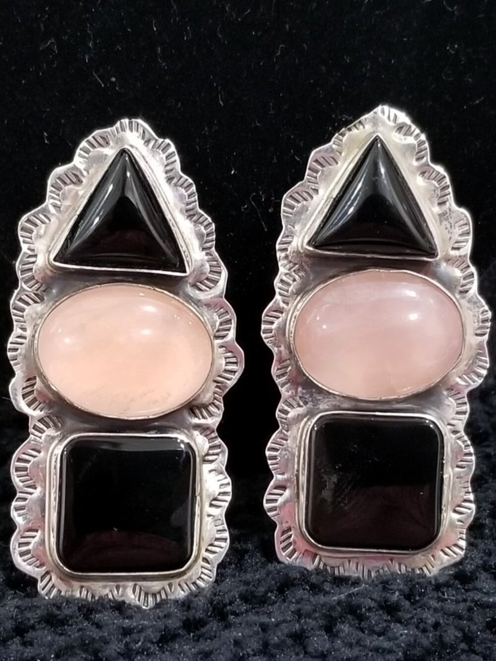 Vintage Sterling Betty Ann Lee Navajo Earrings Pink Opal Black Onyx 22g Handmade